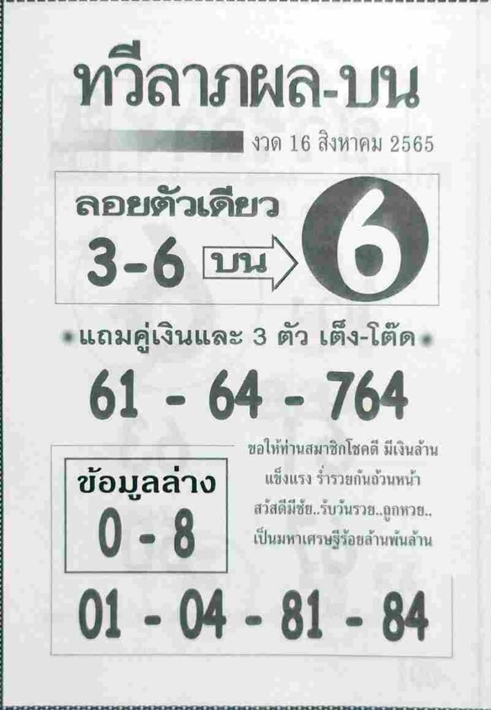 เลขเด็ด หวยทวีลาภผลบน16-8-65