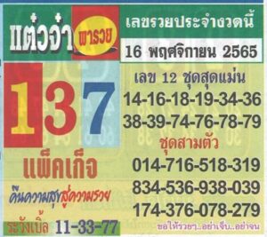 เลขเด็ดlottonew หวยแต๋วจ๋า16-11-65