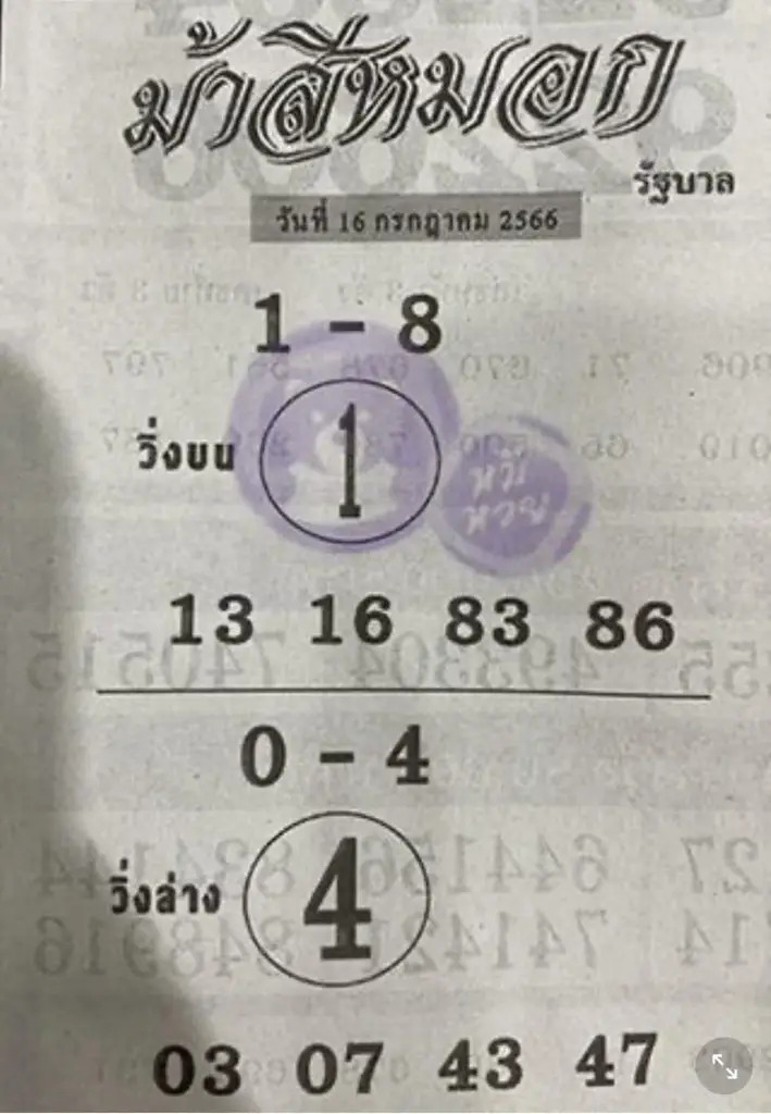 เลขม้าสีหมอกงวดนี้ 16-7-66
