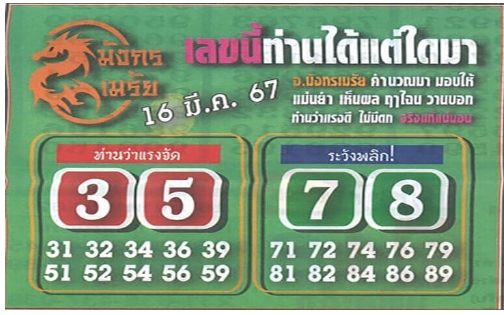 หวยมังกรเมรัย 16-3-67 